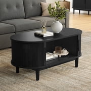 LINSY HOME Fluted Coffee Table with Storage, Mid-Century Coffee Table for Living Room with Sliding Tambour Door, Black