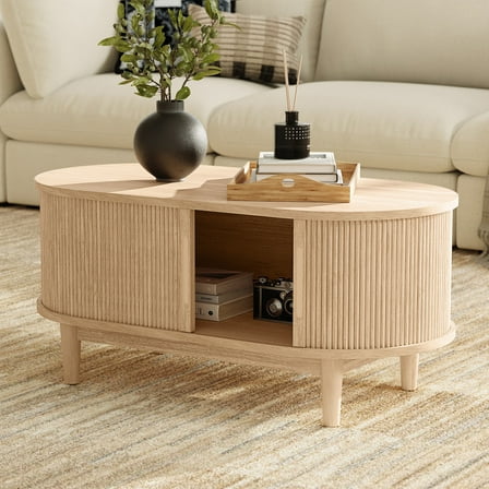LINSY HOME Fluted Coffee Table with Storage, Mid-Century Coffee Table for Living Room with Sliding Tambour Door, Oak