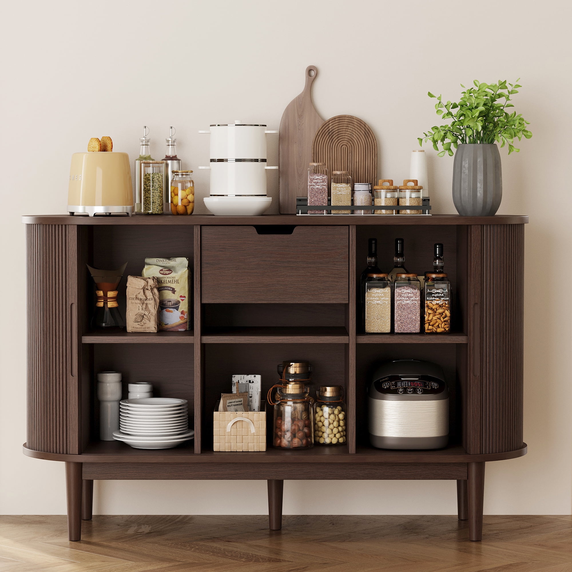 LINSY HOME Fluted Pantry Storage Cabinet, Kitchen Cabinets with Sliding Tambour Door, Wide Storage Cabinet with Removable & Adjustable Shelves for Dining Room, Living Room, Bathroom, Walnut