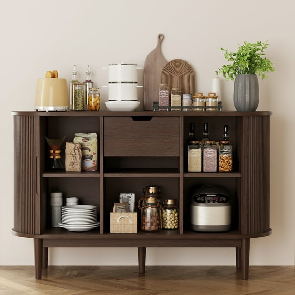 LINSY HOME Fluted Pantry Storage Cabinet, Kitchen Cabinets with Sliding Tambour Door, Wide Storage Cabinet with Removable & Adjustable Shelves for Dining Room, Living Room, Bathroom, Walnut