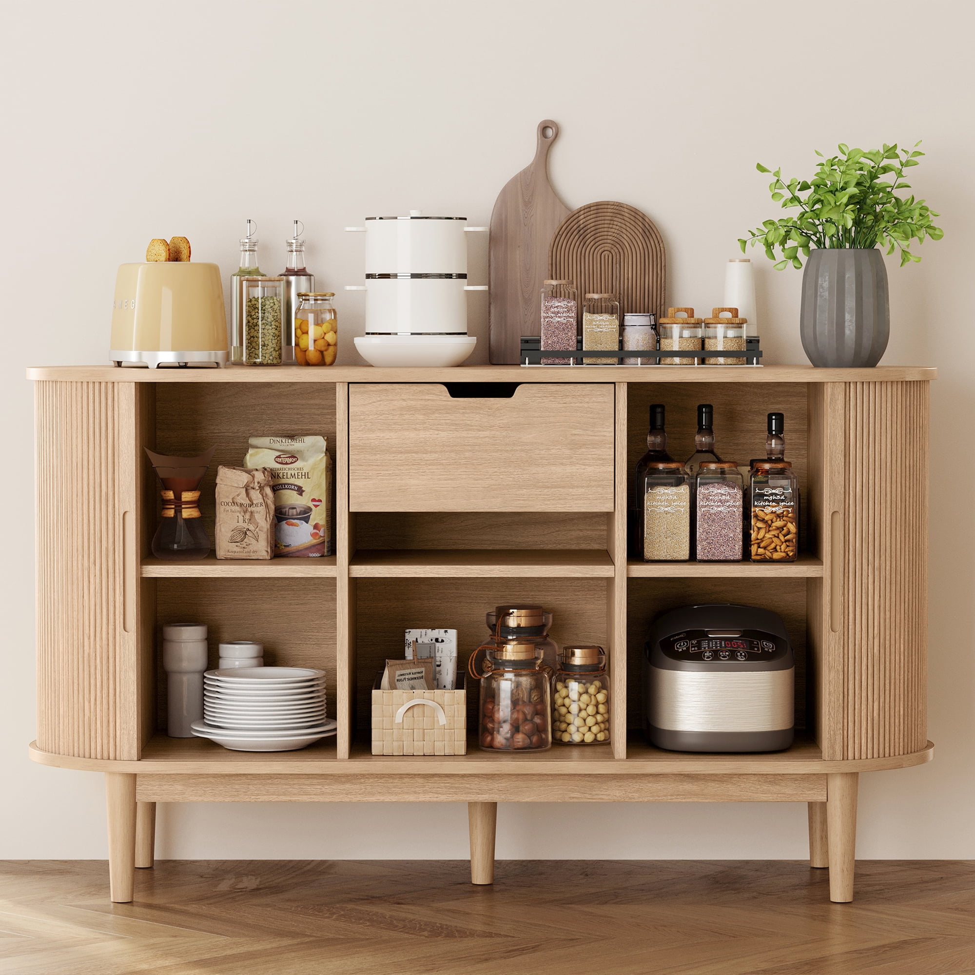 LINSY HOME Fluted Pantry Storage Cabinet, Kitchen Cabinets with Sliding Tambour Door, Wide Storage Cabinet with Removable & Adjustable Shelves for Dining Room, Living Room, Bathroom, Oak