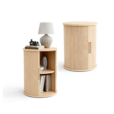 LINSY HOME Fluted Round End Tables for Living Room, Nightstand for Bedroom with with Sliding Tambour Door and Adjustable Shelves, Oak