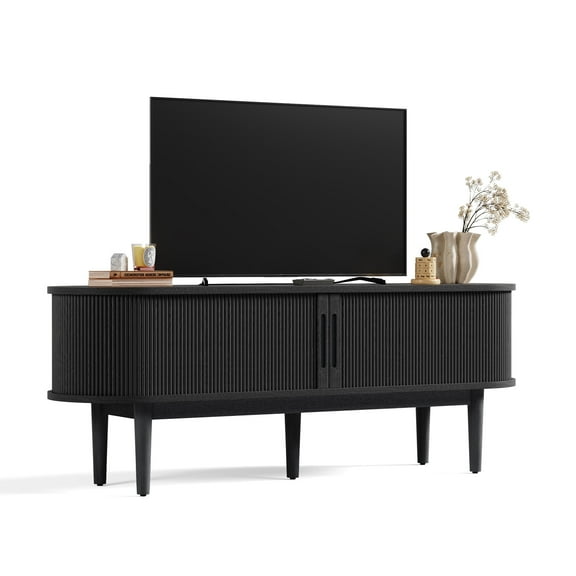 LINSY HOME Fluted TV Stand for TVs up to 65", Mid-Century Home Entertainment Center with Sliding Tambour Door and Adjustable Shelves, Black