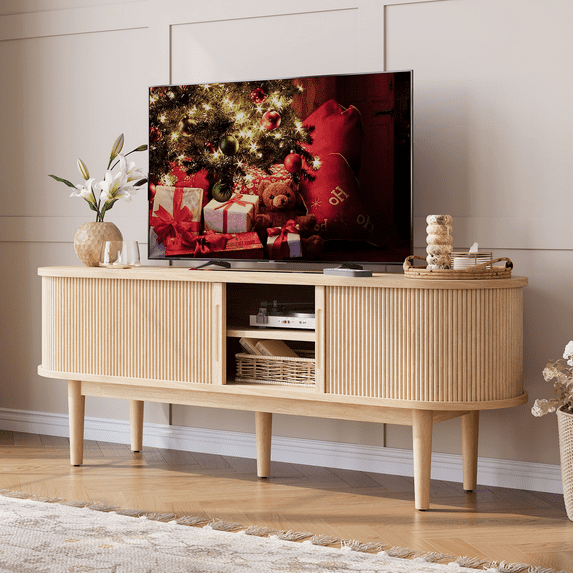 LINSY HOME Fluted TV Stand for TVs up to 65", Mid-Century Home Entertainment Center with Sliding Tambour Door and Adjustable Shelves, Oak