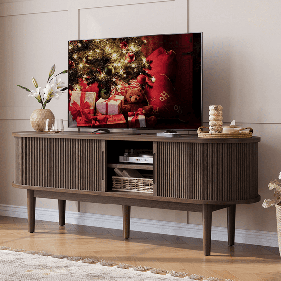 LINSY HOME Fluted TV Stand for TVs up to 65", Mid-Century Home Entertainment Center with Sliding Tambour Door and Adjustable Shelves, Walnut