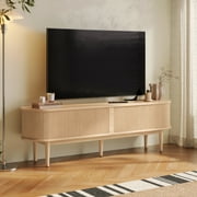 LINSY HOME Fluted TV Stand for TVs up to 75", Mid-Century Home Entertainment Center with Sliding Tambour Door and Adjustable Shelves, Oak
