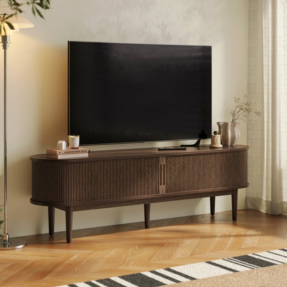 LINSY HOME Fluted TV Stand for TVs up to 75", Mid-Century Home Entertainment Center with Sliding Tambour Door and Adjustable Shelves, Walnut