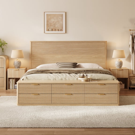 LINSY HOME King Storage Bed Frame with 6 Drawers, 80.5 in Storage Bench, Mid Century Modern Style,Oak