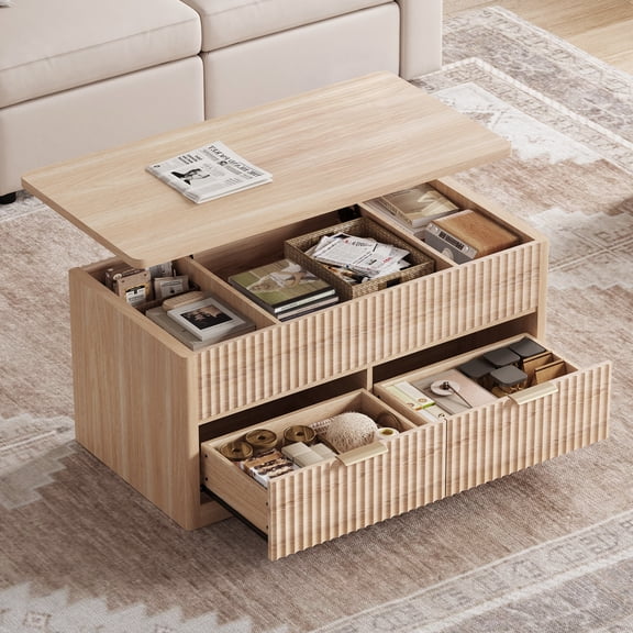 LINSY HOME Lift Top Coffee Table with Hidden Storage, Fluted Wave Panel, Mid-Century Modern Center Table for Living Room,Oak
