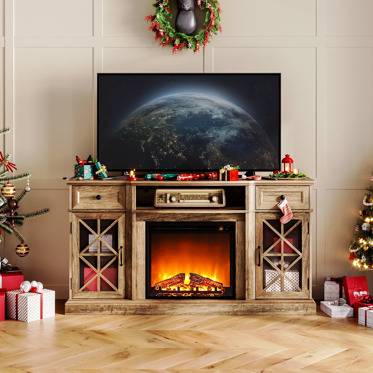 LINSY HOME Modern Farmhouse Electric Fireplace TV Stand for TVs up to 70" with Storage