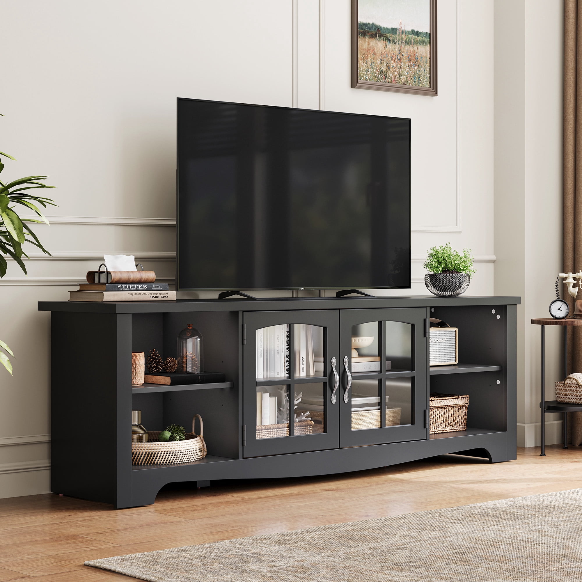 LINSY HOME Modern Farmhouse TV Stand for TVs up to 75", Home Entertainment Center with Storage Cabinet and Adjustable Shelves, Black