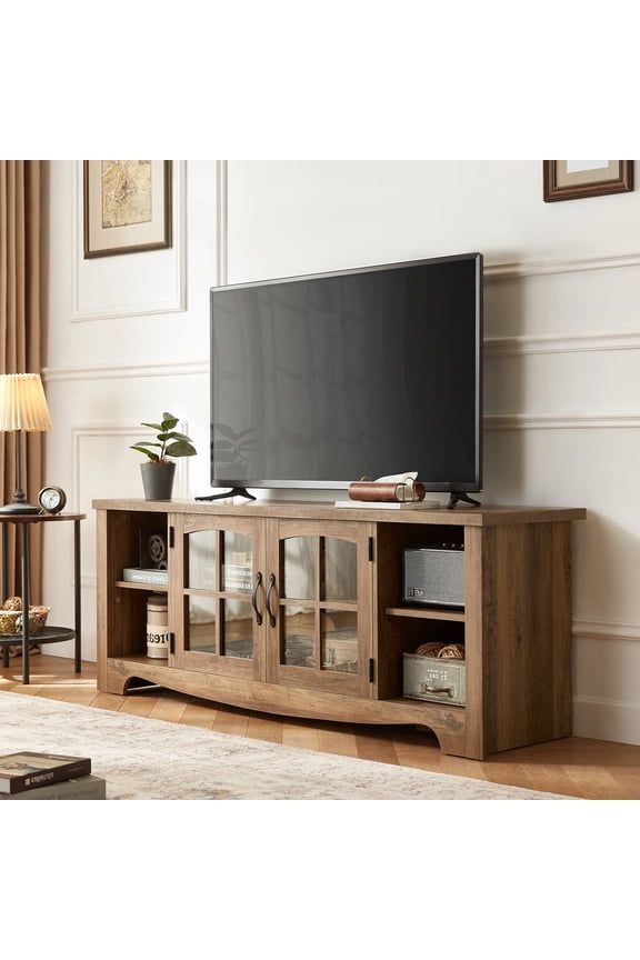 Modern Farmhouse TV Stand for TVs up to 65",Home Entertainment Center with Storage Cabinet and Adjustable Shelves,Brown