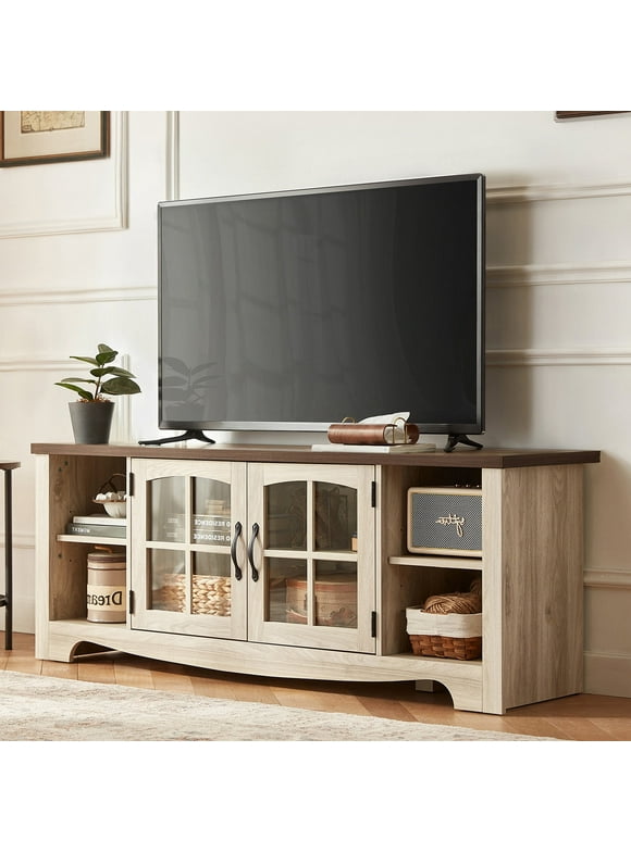 LINSY HOME Modern Farmhouse TV Stand for TVs up to 65",Home Entertainment Center with Storage Cabinet and Adjustable Shelves,Washed Grey & Brown