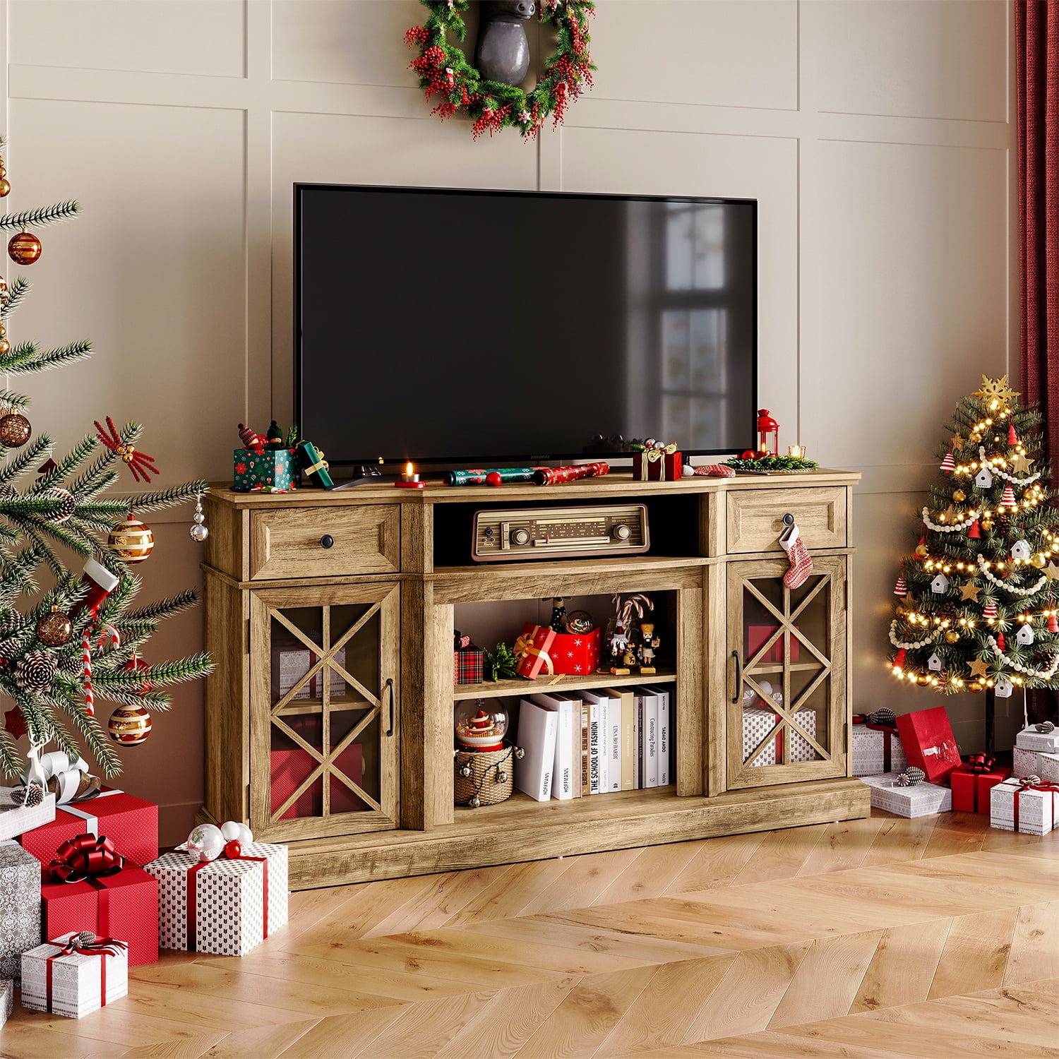 LINSY HOME Modern Farmhouse TV Stand for TVs up to 70",Brown