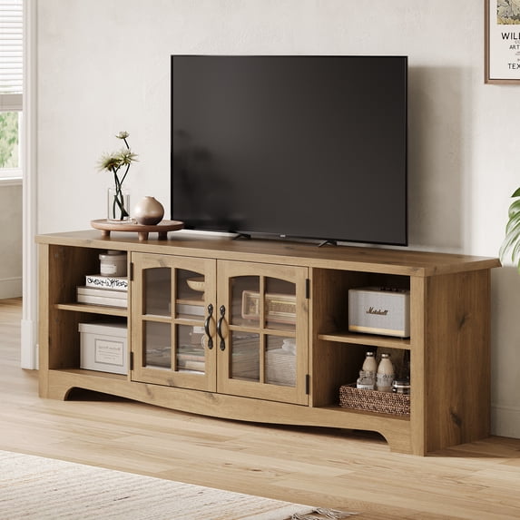 LINSY HOME Modern Farmhouse TV Stand for TVs up to 75", Home Entertainment Center with Storage Cabinet and Adjustable Shelves,Oak