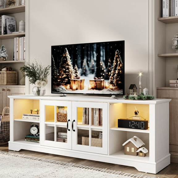 LINSY HOME Modern Glass TV Stand for TVs up to 75", LED Lights Home Entertainment Center with 2 Storage Cabinets and Adjustable Shelves, White