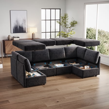 LINSY HOME Modular Couches and Sofas Sectional with Storage, 6 Seat Sectional Sofa for Living Room, U Shaped Sectional Couch with Reversible Chaises, Black Chenille