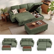 LINSY HOME 3 Seaterss Sectional Couches for Living Room, Sofa Bed with Storage Seat, Pull Out Couch Bed with Storage Ottoman, Dark Green