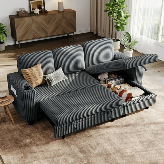 Linsy Home Plush Corduroy Sleeper Sofa Bed with Reversible Storage Chaise, Pull Out Couch Bed with USB, Cup Holder, Side Pocket, L Shaped Sectional Couches for Living Room, Apartment, Dark Grey
