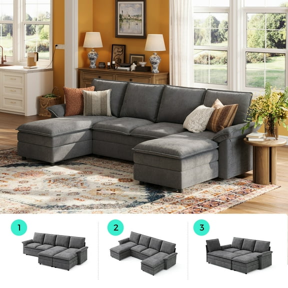Linsy Home 115" Cloud Sectional Couches for Living Room, U-Shaped Sectional Sofa with Double Chaise, Dark Gray