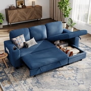 LINSY HOME L Shaped Sectional Couches for Living Room, Sleeper Sofa Bed with Reversible Storage Chaise, Pull Out Couch Bed with USB, Cup Holder, Dark Blue