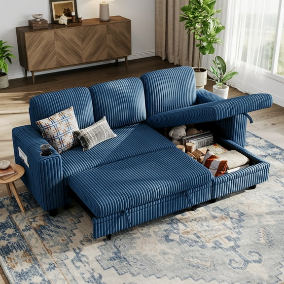 Linsy Home Plush Corduroy Sleeper Sofa Bed with Reversible Storage Chaise, Pull Out Couch Bed with USB, Cup Holder, Side Pocket, L Shaped Sectional Couches for Living Room, Apartment, Navy Blue