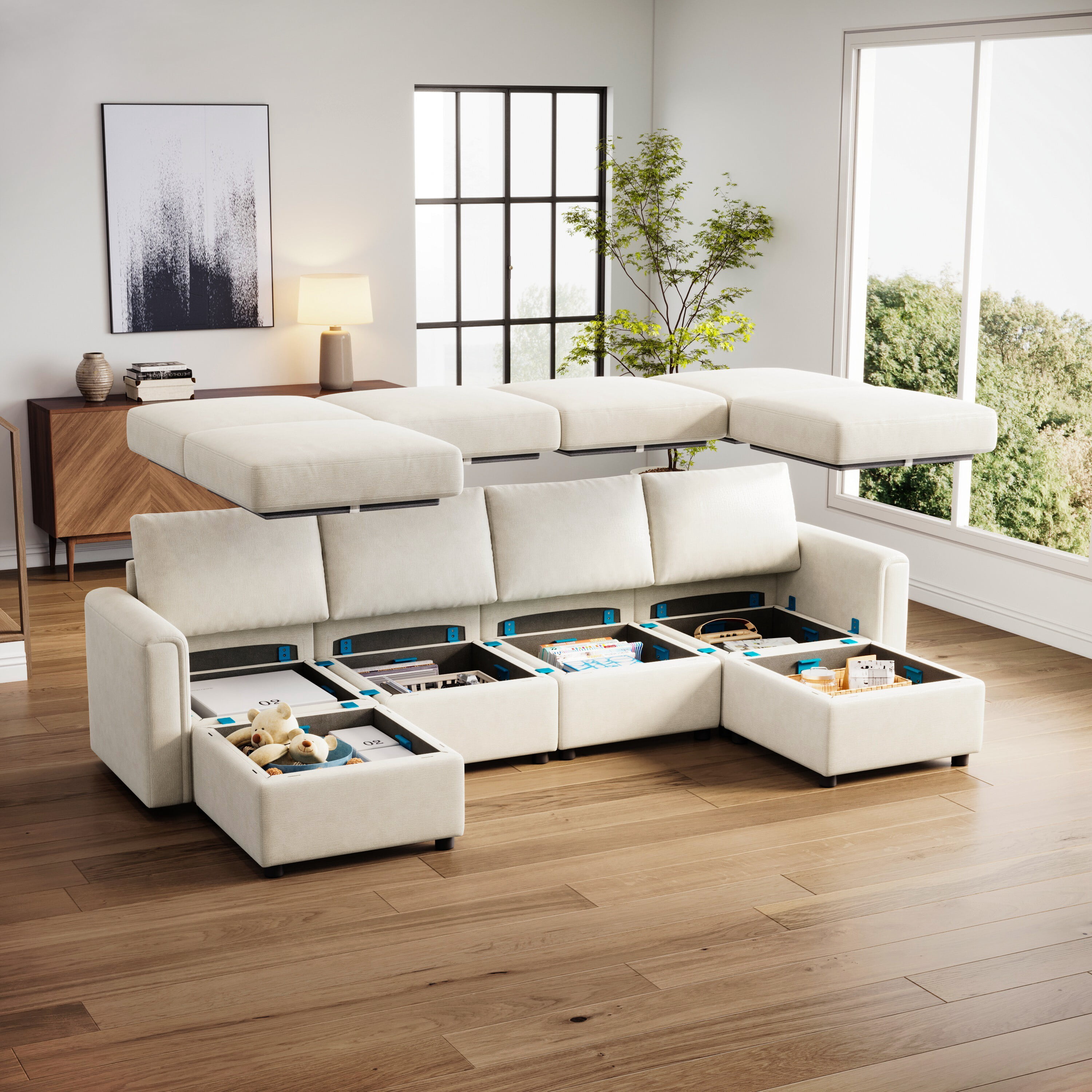 LINSY HOME Modular Couches and Sofas Sectional with Storage, 6 Seat Sectional Sofa for Living Room, U Shaped Sectional Couch with Reversible Chaises, White Chenille