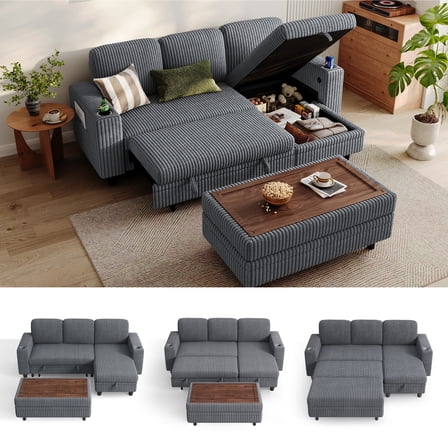 Linsy Home Plush Corduroy Sleeper Sofa Bed with Storage Seat, Pull Out Couch Bed with Multifunctional Storage Ottoman, L-Shaped Sectional Couches for Living Room, Apartment, Dark Grey