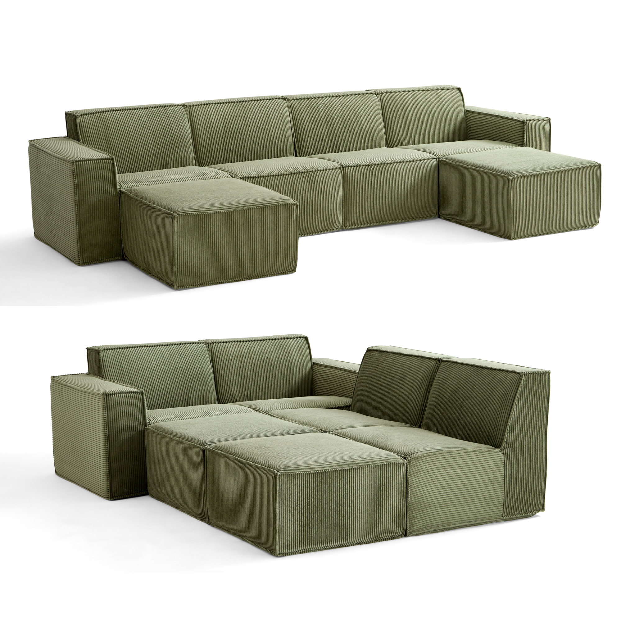 LINSY HOME Oversized 109" Boneless Sectional Couches for Living Room, U-Shaped Cloud Couch Sofa with Corduroy Fabric, 3 Seat Foam Sofa with 2 Ottomans, No Assembly Required, Green