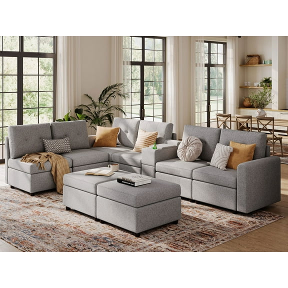LINSY HOME Oversized Modular Cloud Sectional Sofa, RUBIK III 8 Seat Storage Couches and Sofas with Versatile Console, Light Gray