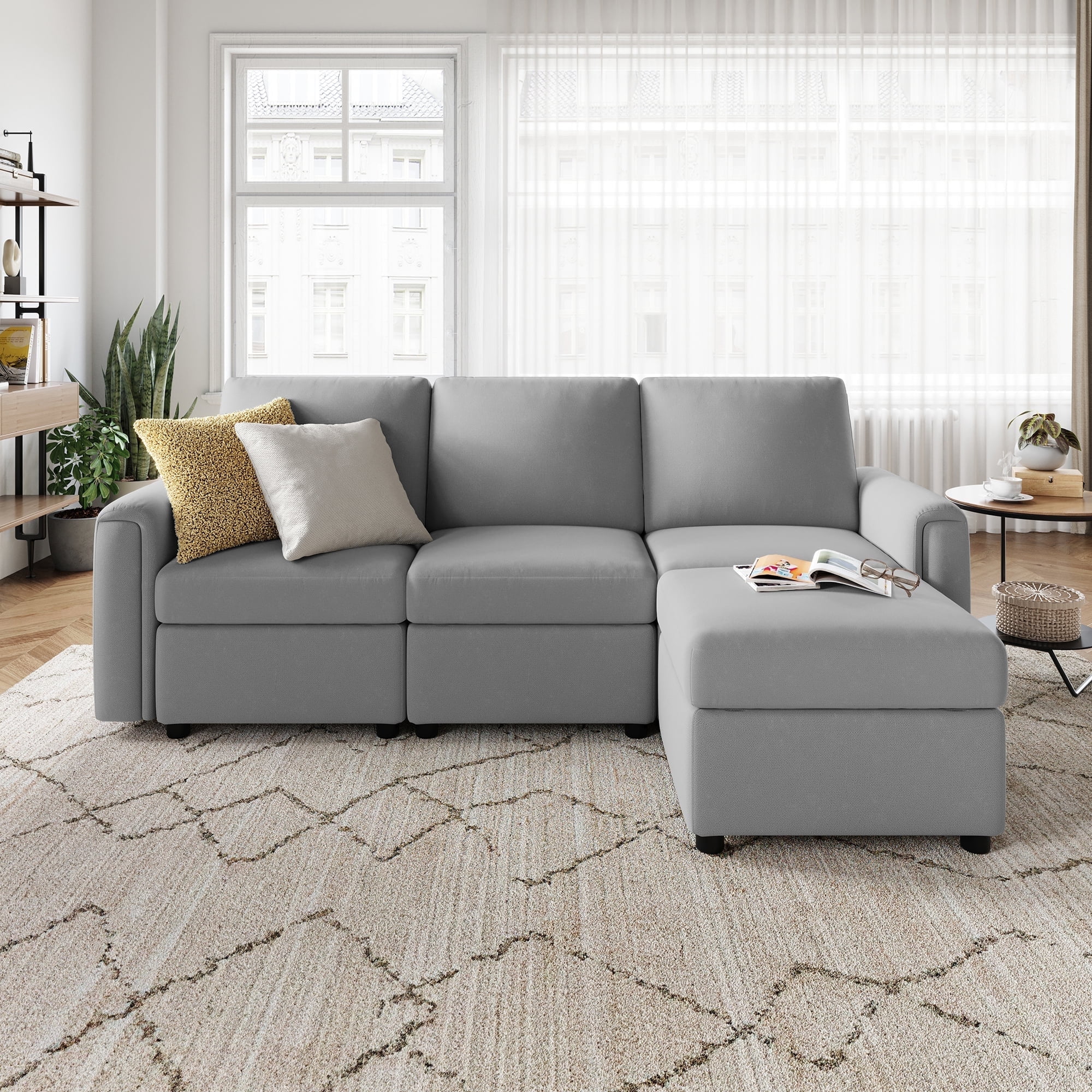 Light Gray Fabric Modular Sectional Sofa with Storage and Ottoman