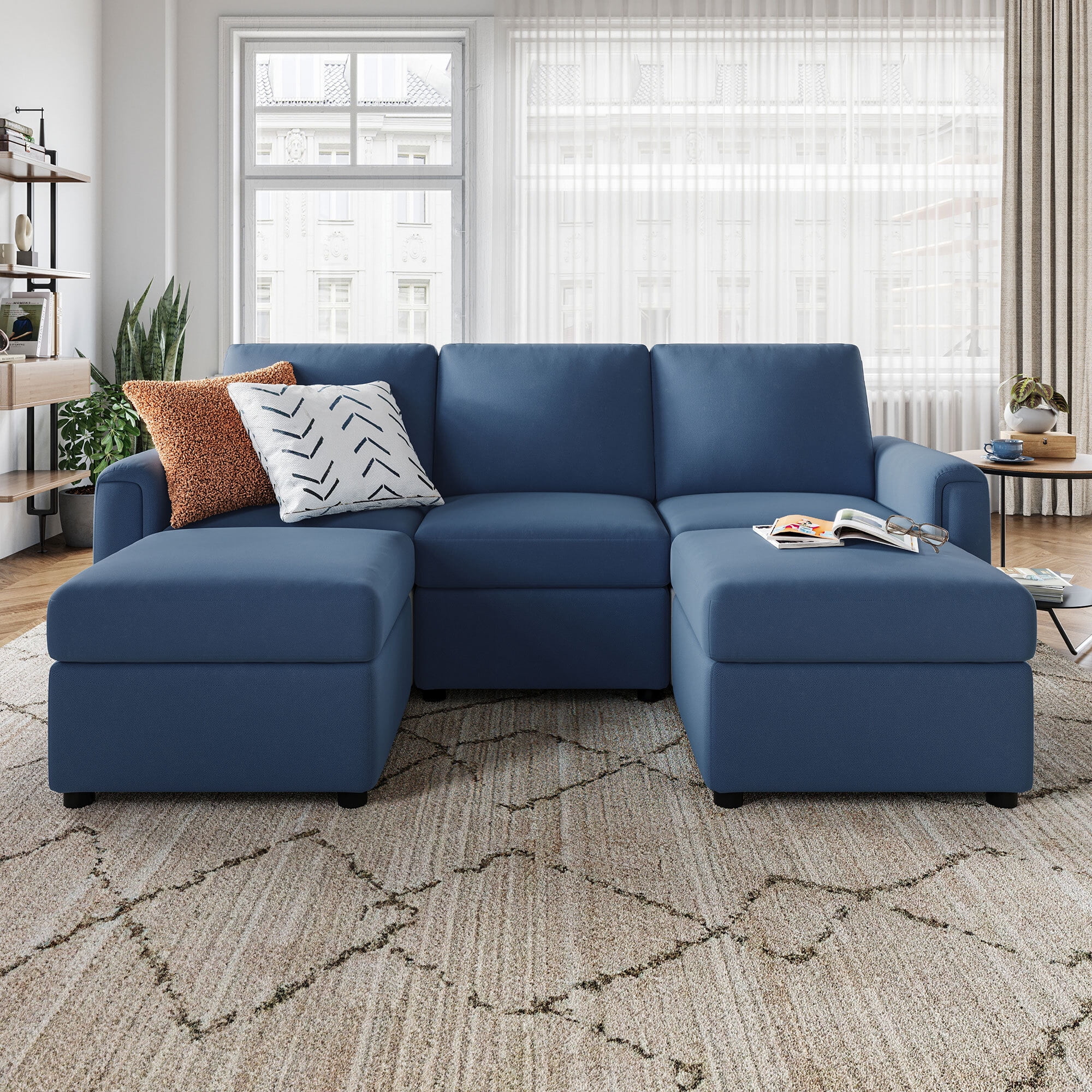 LINSY HOME Modular Couches and Sofas Sectional with Storage Sectional Sofa  U Shaped Sectional Couch with Reversible Chaises, Blue 