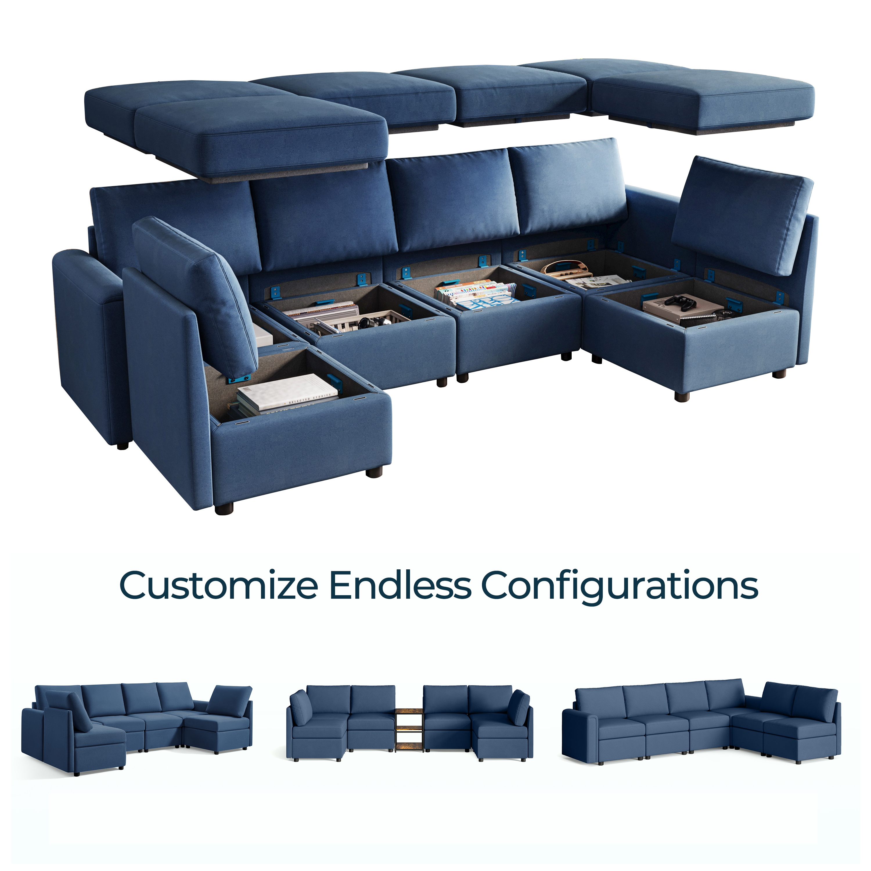 LINSY HOME Modular Couches and Sofas Sectional with Storage Sectional Sofa U Shaped Sectional Couch with Reversible Chaises, Blue - image 1 of 11