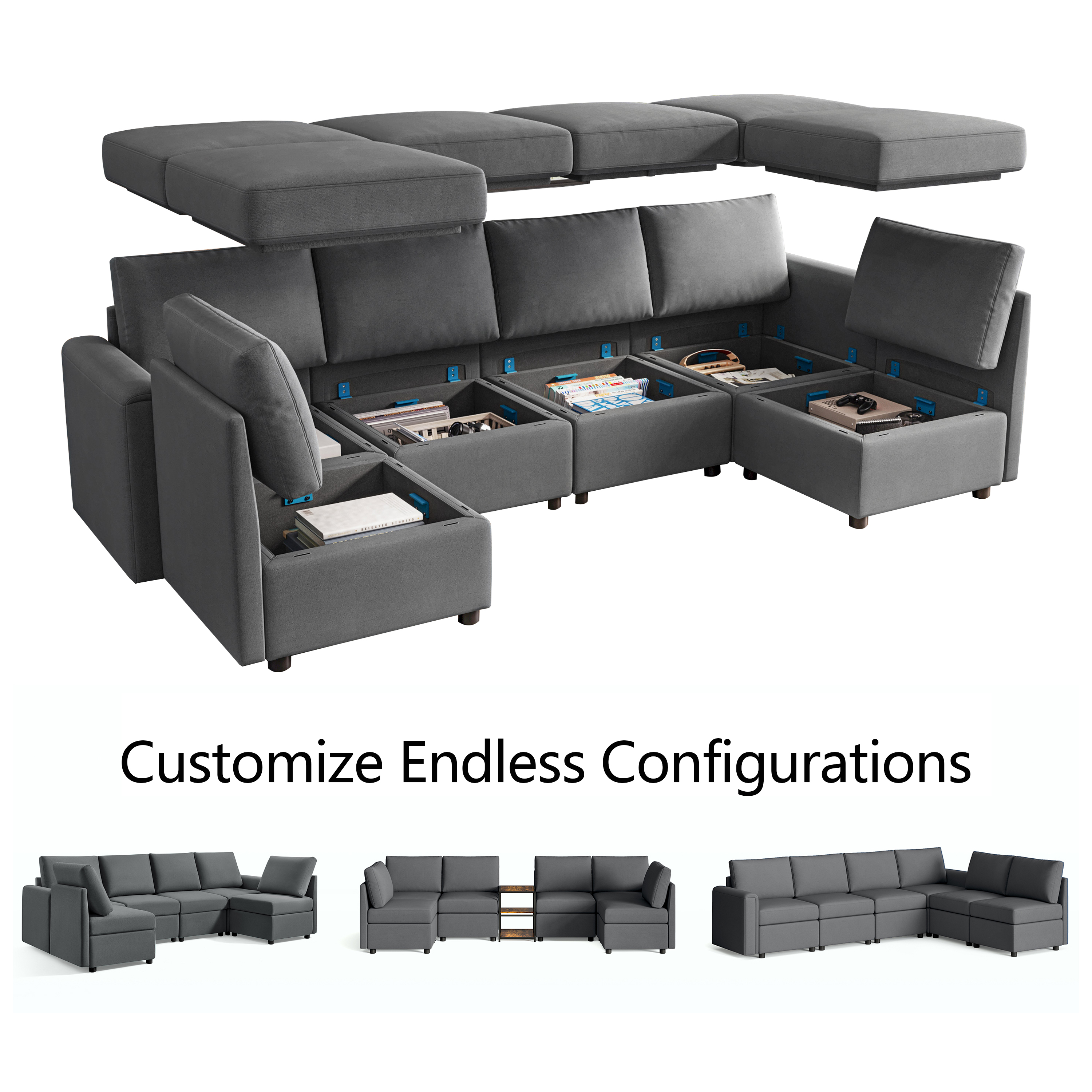 LINSY HOME Modular Couches and Sofas Sectional with Storage Sectional Sofa U Shaped Sectional Couch with Reversible Chaises, Dark Gray - image 1 of 13