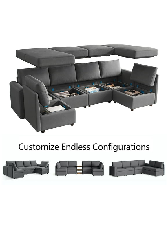 LINSY HOME Modular Couches and Sofas Sectional with Storage Sectional Sofa U Shaped Sectional Couch with Reversible Chaises, Dark Gray