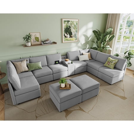 LINSY HOME Modular Sectional Sofa with Storage, RUBIK I 10 Seat Couches and Sofas with Versatile Consoles, Light Gray