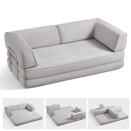 Linsy Home 80" Corduroy Cloud Futon Couch Bed, 4-in-1 Convertible Sleeper Sofa Bed with Fixed Frame, Grey