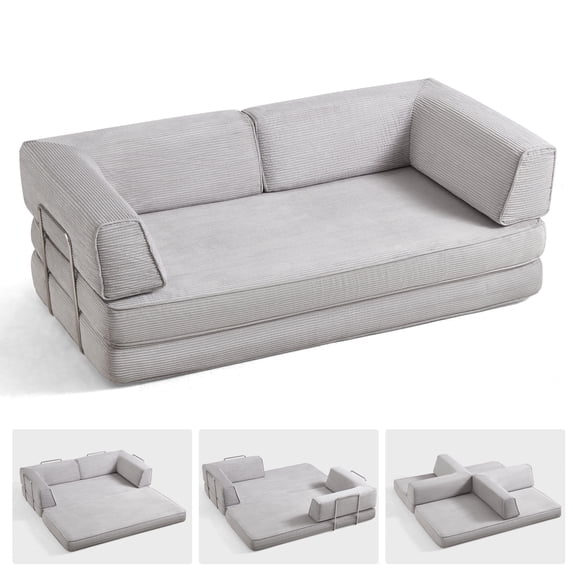 Linsy Home 80" Corduroy Cloud Futon Couch Bed, 4-in-1 Convertible Sleeper Sofa Bed with Fixed Frame, Grey