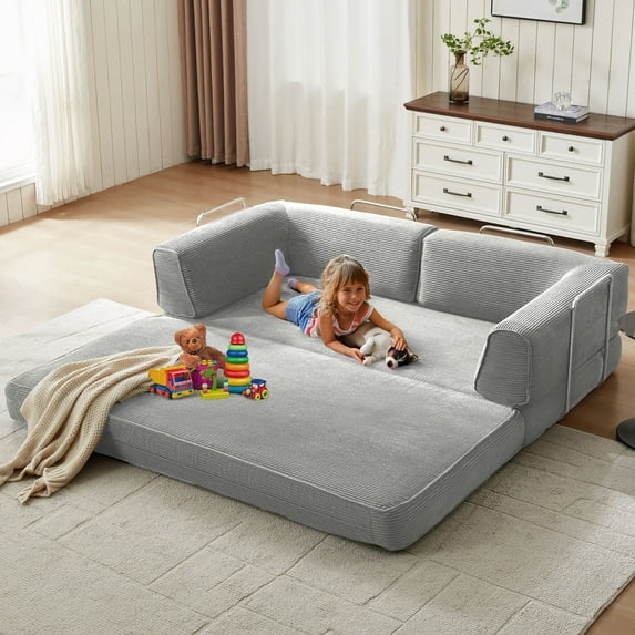 Linsy Home 80" Corduroy Cloud Futon Couch Bed, 4-in-1 Convertible Sleeper Sofa Bed with Fixed Frame, Grey