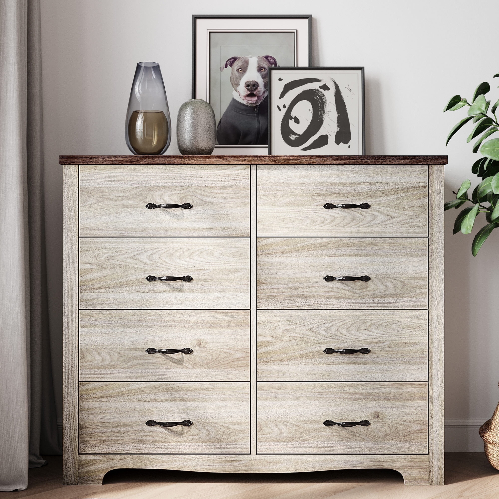 LINSY HOME Oak White Double Dressers, Bedroom Assembled 8-Drawer Chest ...