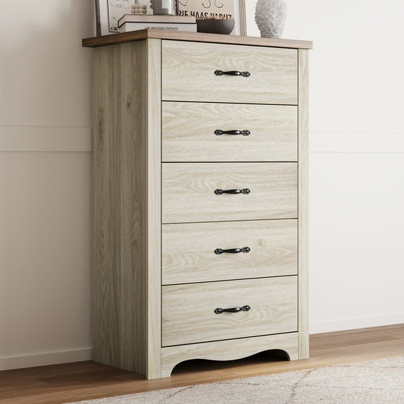 LINSY HOME Oak White Dressers,Chest of 5 Drawers