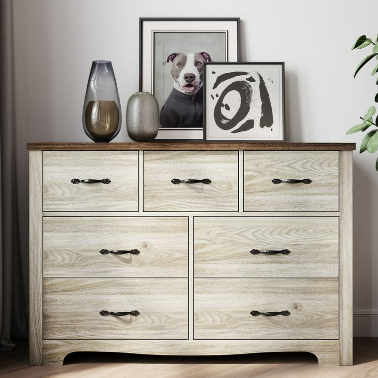 LINSY HOME Oak White Dressers Chest of 7 Drawers