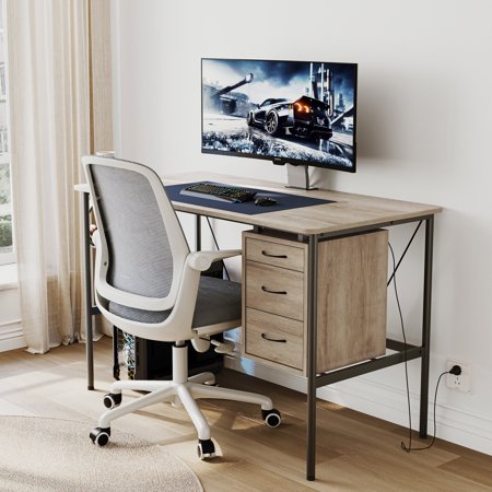 LINSY HOME Office Desk, Computer Desk with Drawers, 47" Study Writing Desks for Home with Storage Shelves,Light Brown
