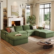 LINSY HOME Oversized 139" Boneless Sectional Couches for Living Room, U-Shaped Cloud Couch Sofa with Corduroy Fabric, 4 Seat Foam Sofa with 4 Ottomans, No Assembly Required, Green