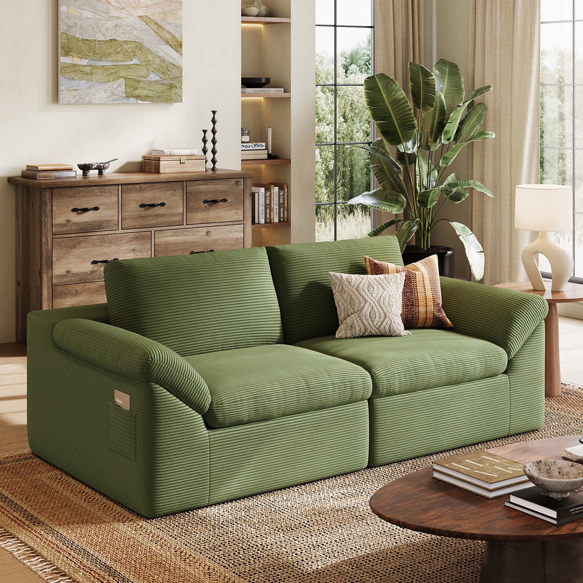 LINSY HOME Oversized 79" Boneless Sectional Couches for Living Room, Cloud Couch Sofa with Corduroy Fabric, 2 Seat Foam Sofa for Living Room, No Assembly Required, Green