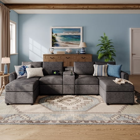 LINSY HOME Modular Sectional Sofa with Storage, RUBIK I 10 Seat Couches and Sofas with Versatile Consoles, Black
