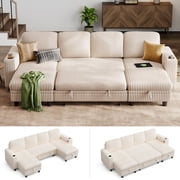 LINSY HOME U Shaped Sectional Couches for Living Room, Sofa Bed with Storage Chaise, Pull Out Couch Bed, Beige