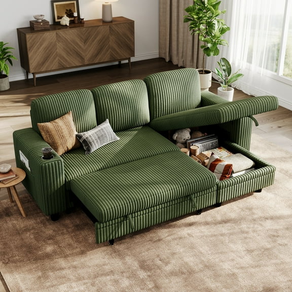 Linsy Home Plush Corduroy Sleeper Sofa Bed with Reversible Storage Chaise, Pull Out Couch Bed with USB, Cup Holder, Side Pocket, L Shaped Sectional Couches for Living Room, Apartment, Green
