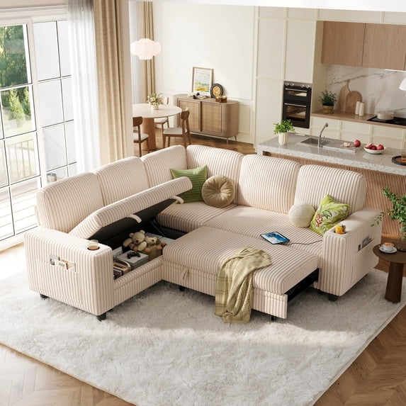 LINSY HOME L Shaped Sectional Couches for Living Room, Sleeper Sofa Bed with Storage Seat, Pull Out Couch Bed with Cup Holder, Beige