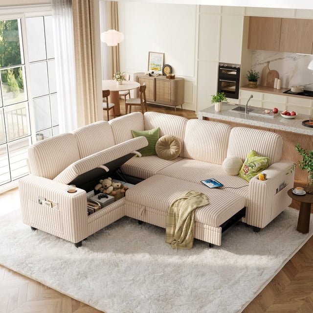 LINSY HOME L Shaped Sectional Couches for Living Room, Sleeper Sofa Bed with Storage Seat, Pull Out Couch Bed with Cup Holder, Beige
